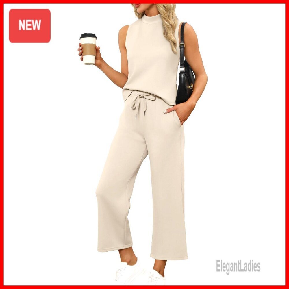 Mock Neck Sleeveless Top Wide Leg Crop Pants Two Piece Set Lounge Wear